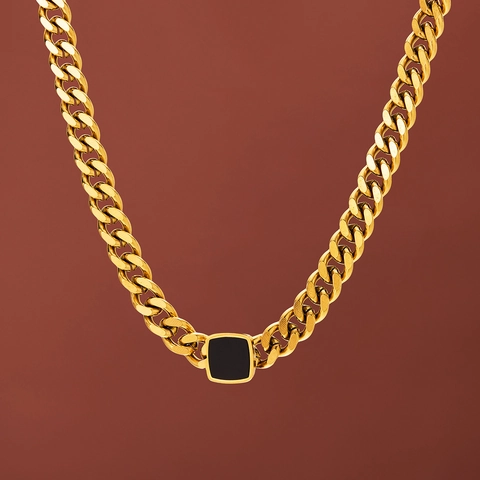 Titanstahl Panzerkette Halskette Mit Schwarzem Quadratischem Anhänger Retro Minimalistischer Schmuck Damen