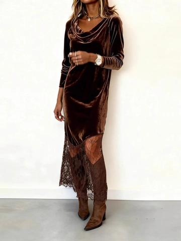 Velvet Lace Patchwork Dress Cowl Neck Long Sleeve Slim Fit Elegant Evening Party Midi Gown Autumn Winter Fashion For Women