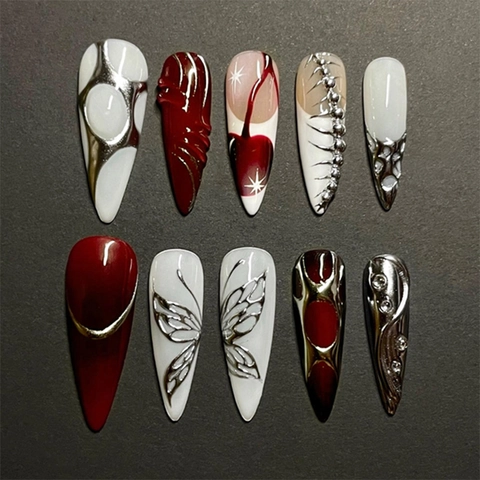 Lange Stiletto Nägel 3D Metall Schmetterling Streifen Rot Silber Abstrakt Kunst Falsche Nägel