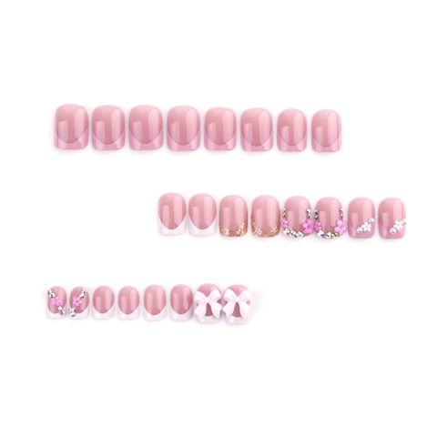 Unghie Finte Rosa French Con Fiocco 3D Fiori Strass Forma Quadrata Resina ABS Unghie Artificiali Per Donna