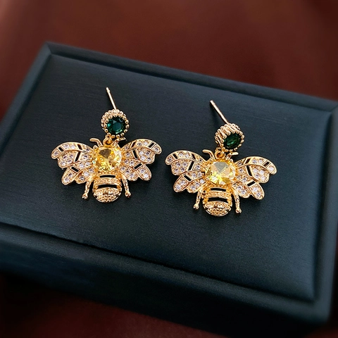 Bee Shaped Zircon Dangle Earrings Copper Jewelry With 925 Sterling Silver Earring Post Elegant Insect Style For Women