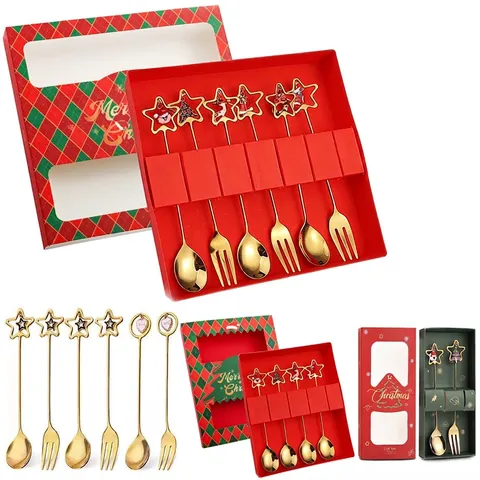 Christmas Cutlery Spoon Fork Stainless Steel Star Heart Pendant Mirror Polished Dessert Coffee Stirring Holiday Gift