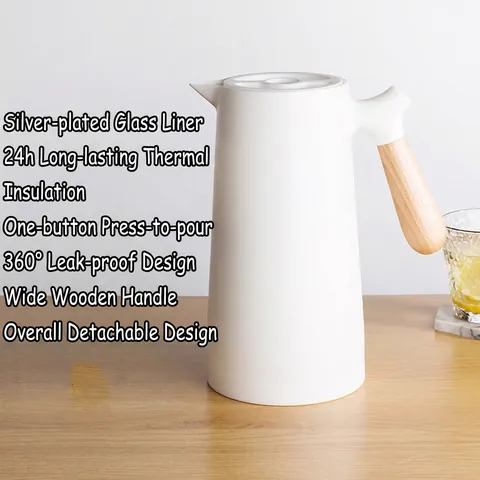Thermal Coffee Carafe Vacuum Insulated Pitcher Wood Handle Double Layer Glass Liner Leakproof Nordic Hot Water Bottle