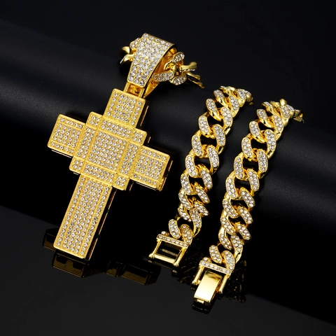 Collana Con Ciondolo A Croce Hip Hop Lega Strass Brilla Catena Cubana Gioielli Stile Urbano Retrò