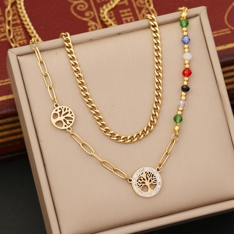 Collana A Strati In Acciaio Inossidabile Con Ciondoli Albero Della Vita Cuore Croce E Perline Colorate Gioielli Bohémien