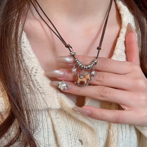 Collier Pendentif Cheval À Bascule Bois Cuivre Alliage Rétro Chaîne De Pull Longue Cordon Réglable Bijoux Vintage Femmes