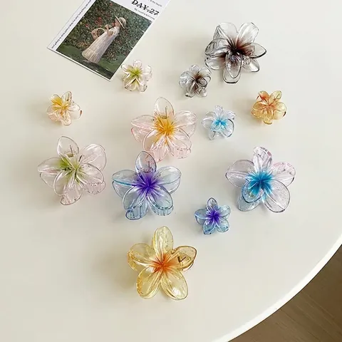 Flower Hair Claw Clip Plumeria Acrylic Resin Glitter Gradient Shark Hairpin Hawaiian Beach Vacation Accessory For Women