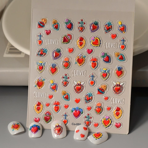 Sacred Heart Love 5D Geprägte Nagelaufkleber Wasserdicht Selbstklebend Retro Vintage Maniküre Kunst Dekoration Aufkleber Für Frauen