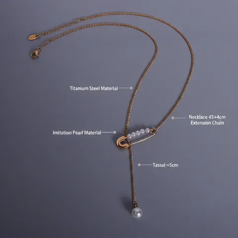 Collana In Acciaio Inossidabile Placcato Oro 18K Spilla Da Balia Pendente Con Nappa Perla Artificial Imitazione Collana A Y