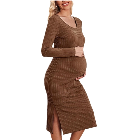 Umstandskleid Langarm Rippstrick Seitenschlitz Bodycon Herbst Winter Rundhals Schwangerschaftskleidung Für Damen