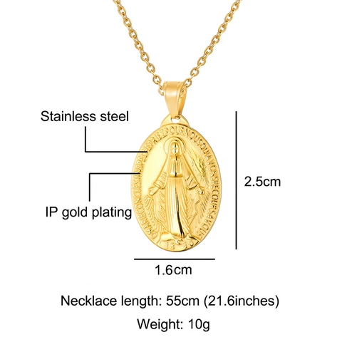 Wonderdadige Medaille Maagd Maria Hanger Ketting Roestvrij Staal IP Verguld Ovaal Religieuze Medaille Hoogglans Gepolijst Sieraden