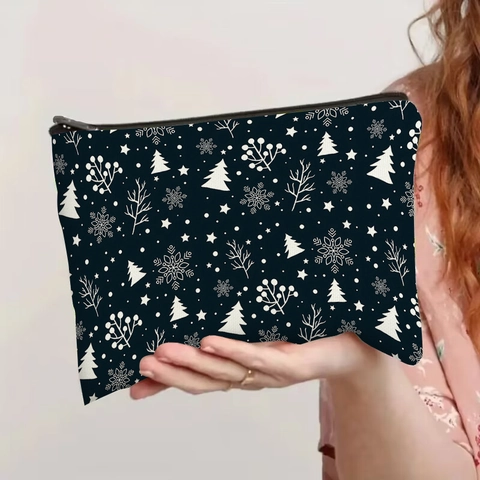 Neceser De Maquillaje Estampado Árbol Copo De Nieve De Navidad Lino Cremallera Bolsa De Almacenamiento Viaje