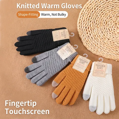 Winter Touchscreen Gloves Knitted Faux Cashmere Thickened Fleece Lined Warm Pineapple Grid Pattern For Men Women