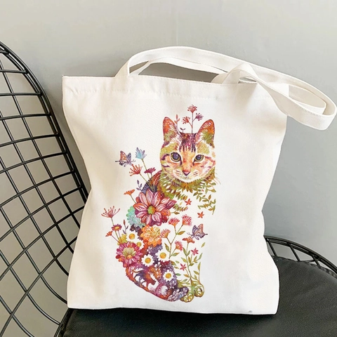 Canvas Tote Bag Large Capacity Floral Cat Print Reusable Shopping Bag Aesthetic Handbag For Women And Students