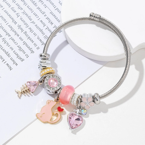 Cartoon Katze Fischgräte Emaille Perlen Edelstahl Armreif Armband Für Damen Süßes Tier Anhänger Armband Schmuck Geschenk