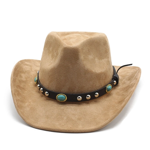 Westerse Cowboyhoed Retro Imitatiesuède Brede Rand Fedora Met Turquoise Lederen Band Etnische Stijl Voor Uniseks