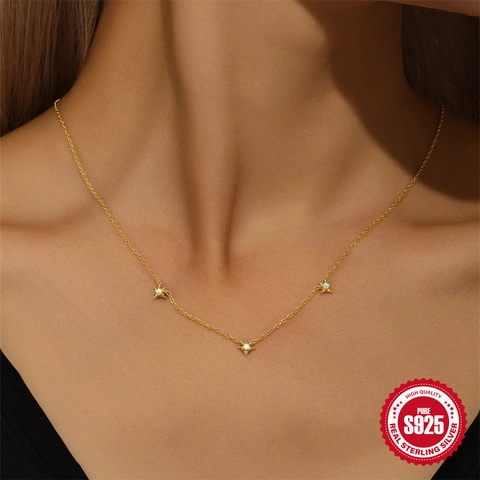 Collar con Colgante de Estrella de Cuatro Puntas en Plata de Ley S925 Chapado en Oro Circonia Ópalo Joyería Cadena de Clavícula Mujer