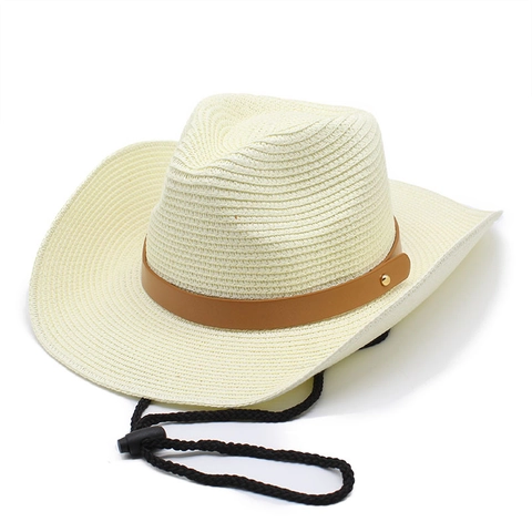 Western Cowboy Straw Hat Wide Brim Sun Protection Breathable Beach Travel Outdoor For Men Women With Adjustable Rope Leather Band Metal Studs