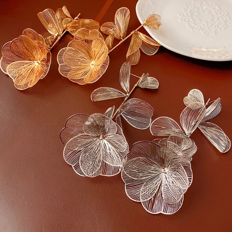 Exaggerated Hollow Floral Mesh Earrings In Copper With Silver Earring Post For Women Fashion Elegant Artistic Jewelry