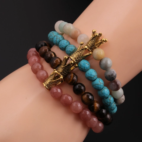 Faceted Natural Stone Beaded Bracelet Tiger Eye Turquoise Elastic Jewelry Retro Copper Crown Charm For Men Women