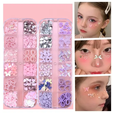 Nail Art Decorations Set 3D Eye Makeup Rhinestones Mixed Shapes Resin Flowers Artificial Pearls Butterflies Hearts DIY Manicure