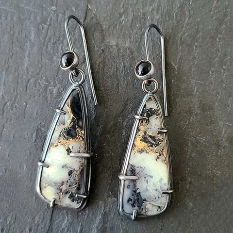 Vintage Druppel Oorbellen Met Natuursteen Textuur Geoxideerd Zilver Metaal Bohemian Stijl Sieraden Voor Dames