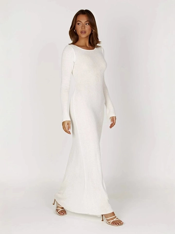 Women Knit Maxi Dress Backless Lace Up Long Sleeve Crew Neck Slim Fit Solid Color Elegant Casual