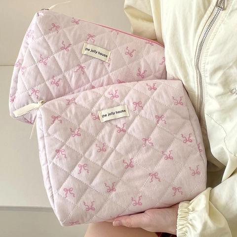Pinke Schleifen Kosmetiktasche Gesteppte Baumwolle Große Kapazität Kulturbeutel Süßer Ästhetischer Make-up Organizer Damen