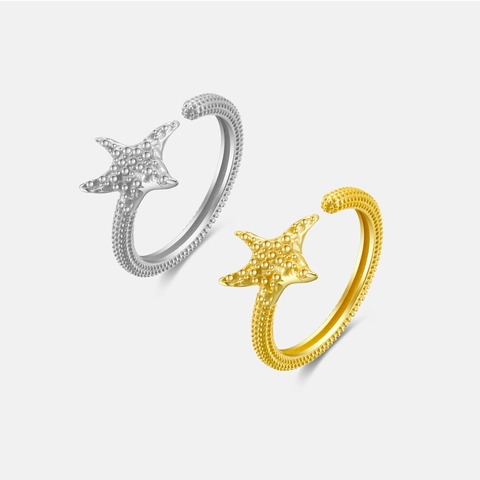 Starfish Ring 925 Sterling Silver Adjustable Open Band Textured Sea Life Ocean Style Minimalist Jewelry For Women