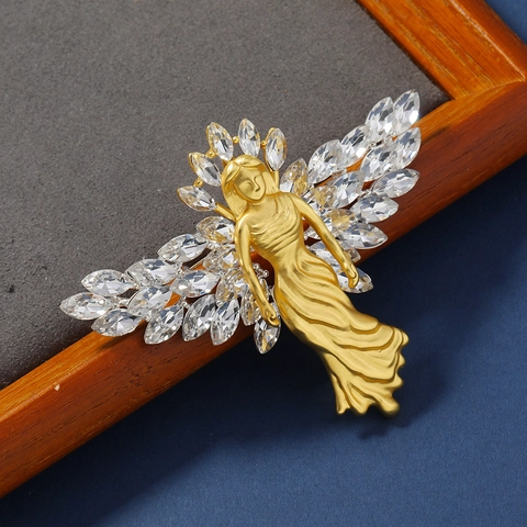 Broche Ange Rétro Pour Femme Or Mat Ange Ailé Avec Cristal De Strass Clair Accessoire Élégant