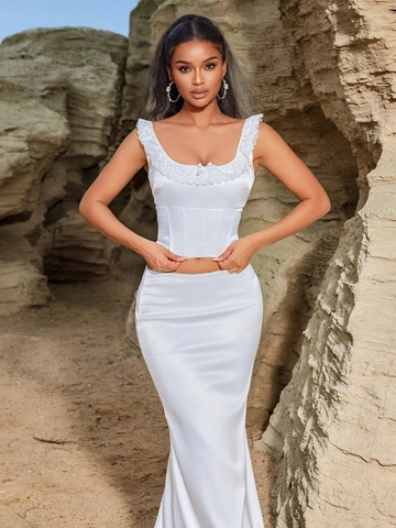 Weißes Satin Spitzenbesatz Schleife Korsett Top Und Slim Fit Meerjungfrau Langer Rock Elegante Ärmellose Abendmode