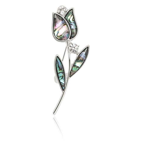 Broche de Tulipán de Aleación Vintage Con Concha Irisada y Diamantes de Imitación Plateado Elegante Broche Botánico para Mujer Joyería