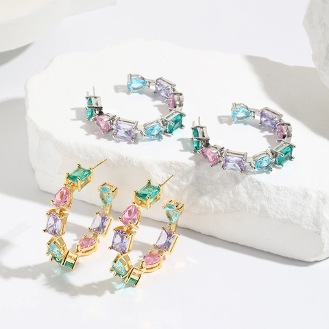 Geometrische Kleurrijke Zirkonia C Ring Oorbellen Koper Ingelegde Regenboog Stenen Mode Sieraden Voor Vrouwen