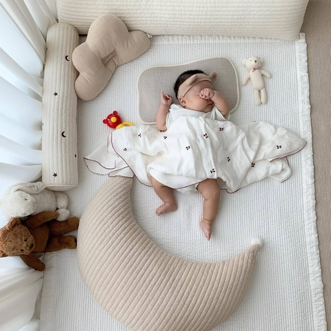 Moon Shaped Baby Nursing Pillow Quilted Cotton Throw Cushion With Pom Poms Soft Washable For Newborn Infant Nursery