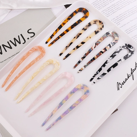 U-Vormige Haarspeld Acetaat Acryl Franse Stijl Knot Vork Schelp Marmer Textuur Haarstick Voor Vrouwen Elegant Accessoire