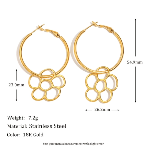 Hollow Flower Pendant Hoop Earrings 18K Gold Plated Stainless Steel Elegant Fashion Jewelry For Women Accessory