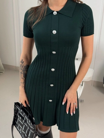 Vestito In Maglia Donna Manica Corta Collo Polo Slim Fit Mini Abito A Costine Con Bottoni Metallici Tinta Unita