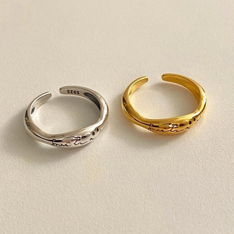 925 Sterling Silver Ring Adjustable Open Smile Face Letter Engraved Irregular Lava Texture Korean Minimalist Jewelry Women