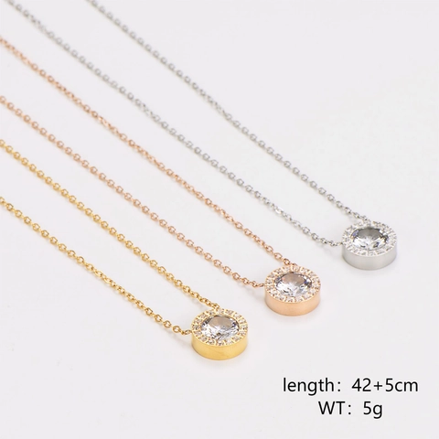 Collar Con Colgante De Halo Redondo Bañado En Oro 18K Acero Inoxidable Circón Cristal Cadena En O Fina Para Mujer Estilo Princesa