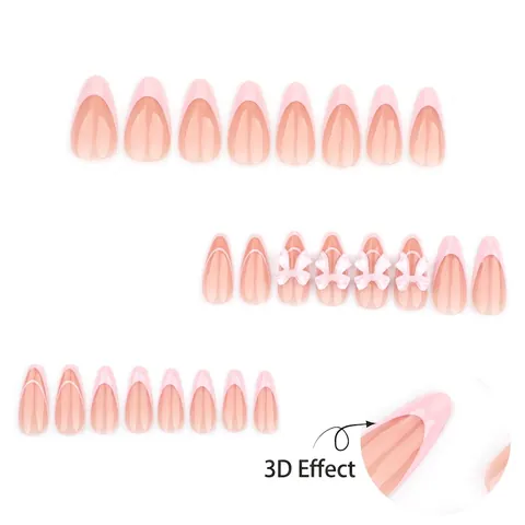 Pink French Tip Press On Nails Almond Shape With Dimensional Bows And Sweater Texture Pattern Sweet Style For Women