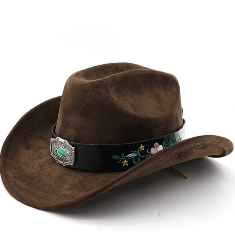 Cappello Da Cowboy Western Scamosciato Poliestere Tesa Larga Retrò Etnico Con Ricamo Floreale E Fibbia Gemma Turchese