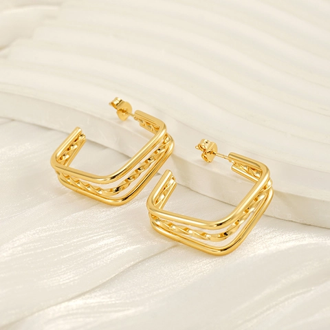Geometric Square Multi Layer Stud Earrings Stainless Steel Gold Plated Twisted Rope Texture Elegant Minimalist Jewelry For Women