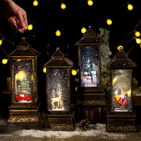 Christmas Snow Globe Lantern Musical Light Up Automatic Snow Vintage Bronze Plastic Tabletop Festive Holiday Gift Decor