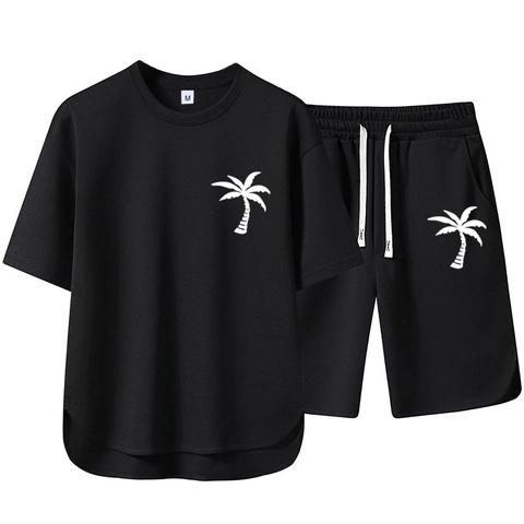 Heren T-Shirt Met Korte Mouwen En Shorts Zomer Casual Sport Outfit Losse Pasvorm Palmboom Print Polyester Ademend