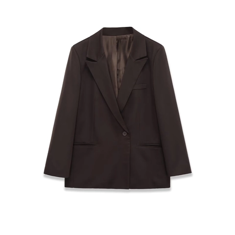 Women Blazer Jacket Single Breasted Chocolate Brown Solid Color Notched Lapel Office Casual Professional Long Sleeve Polyester