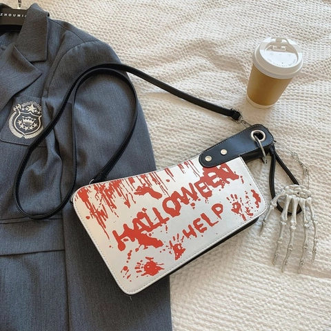 Borsa A Tracolla A Forma Di Coltello Da Cucina Pelle PU Impronta Mano Insanguinata Halloween Orrore Ciondolo Mano Scheletro
