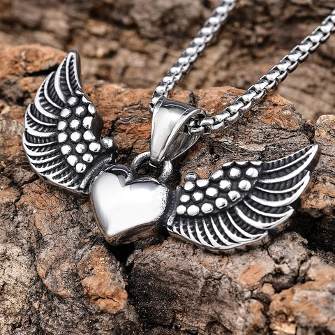 Collier Pendentif Cœur Aile Acier Inoxydable Rétro Gothique Style Punk Bijoux Ton Argent Pour Hommes Femmes Accessoire Mode