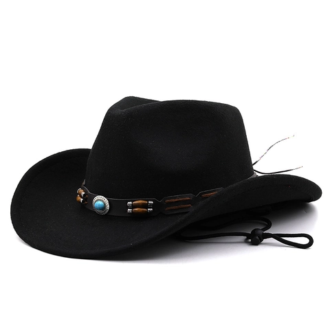 Sombrero De Vaquero Occidental Ala Ancha Fieltro Vintage Etnico Cinturon De Cuero Decoracion Turquesa Cuerda Cortavientos Ajustable Unisex