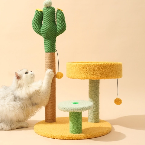 Cactus Cat Tree Scratching Post Sisal Rope Plush Climbing Frame With Bed Hanging Balls For Indoor Cats Kitten