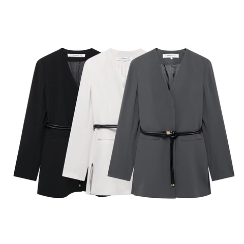 Chaqueta Blazer De Mujer Con Cuello En V Y Cinturón Manga Larga Color Sólido Elegante Oficina Tejido